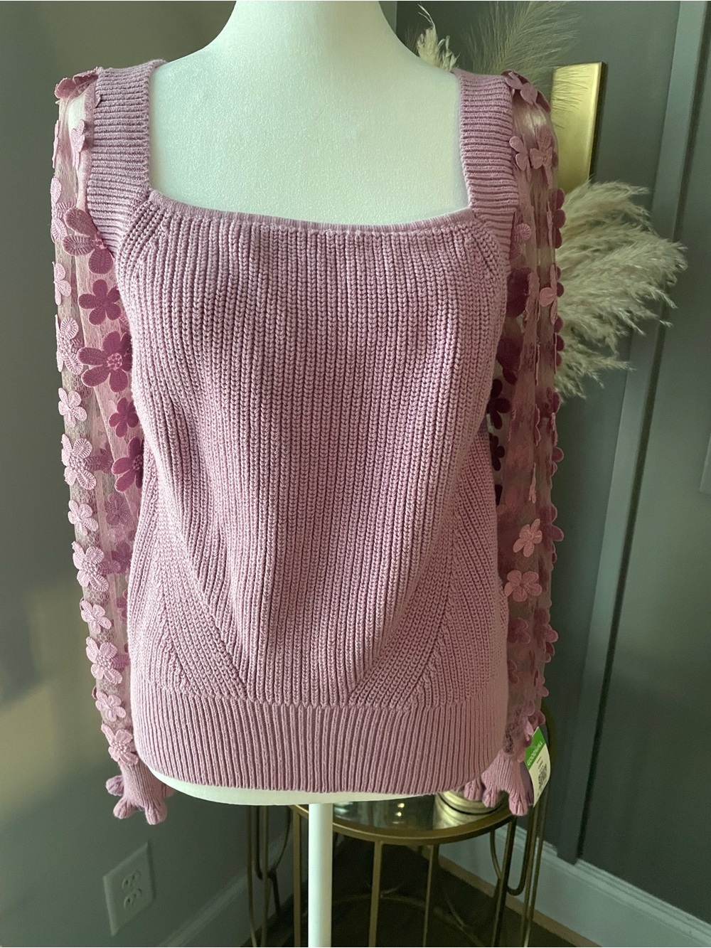 Dusty Rose Knit Square-Neck Sweater with Floral Mesh Sleeves